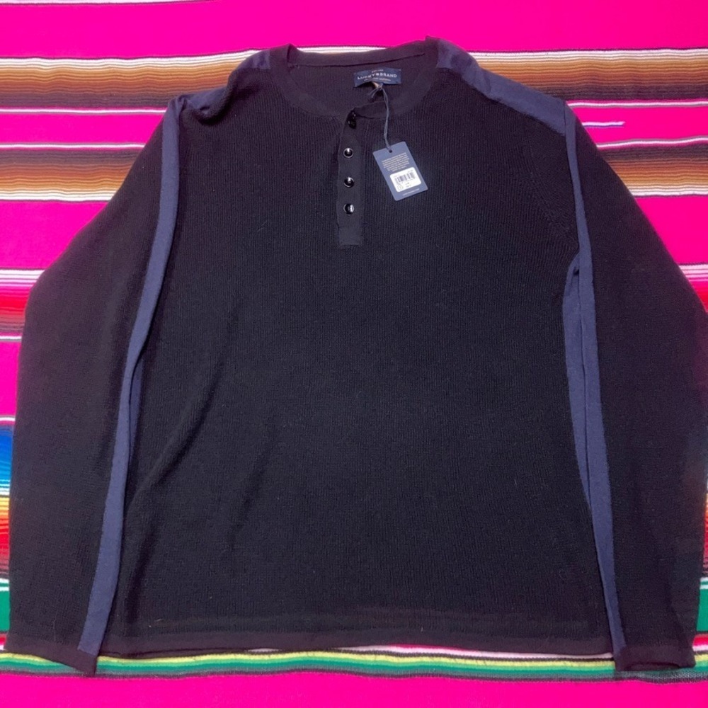 NWT Lucky Brand Thermal Henley Shirt Men's L‎ Cross Stitch Black Long Sleeve